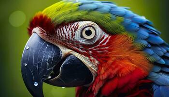 ai généré tropical ara perché, vibrant plumes dans se concentrer. génératif ai photo