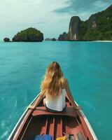 ai généré Jeune femme voyageur relaxant sur le bateau. été Voyage et vacances concept photo