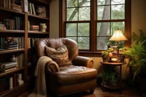 ai généré intérieur de confortable vivant pièce avec cheminée et fauteuil. hiver soir, une confortable en train de lire coin avec une peluche chaise et en bois étagères, ai généré photo