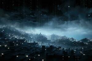 ai généré nuit paysage urbain avec embrasé bâtiments et bleu lumières. 3d le rendu, une dense nuage de numérique particules disperser dans une cyber l'espace éther, ai généré photo