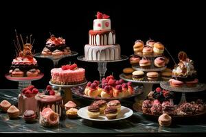 ai généré dessert table avec divers les types de Gâteaux sur une noir arrière-plan, une afficher de décadent desserts fabriqué pour maman, ai généré photo