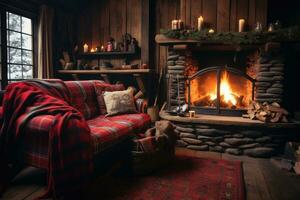 ai généré intérieur de confortable vivant pièce avec cheminée. confortable hiver soir à maison, une confortable hiver cabine intérieur avec une rugissement cheminée et flanelle couvertures, ai généré photo