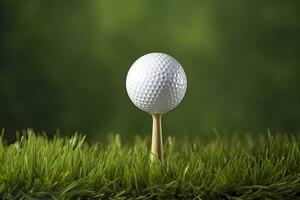 ai généré blanc le golf Balle sur en bois tee avec herbe. génératif ai photo