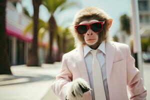 ai généré une singe est portant des lunettes de soleil, costume et permanent sur rue. ai généré photo