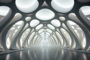 ai généré futuriste blanc tunnel avec circulaire ouvertures photo