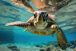 ai généré hawaïen vert mer tortue chelonia mydas, vert mer tortue nager dans turquoise mer eau, capturé par un sous-marin photo, ai généré photo