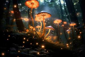 ai généré la magie champignons dans le forêt à nuit. fantaisie forêt paysage avec la magie champignons, embrasé champignons dans une rêveur forêt, ai généré photo