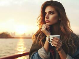 ai généré Jeune femme contemplant avec café tasse à le coucher du soleil photo