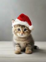 ai généré mignonne chaton sur Père Noël chapeau fond d'écran photo