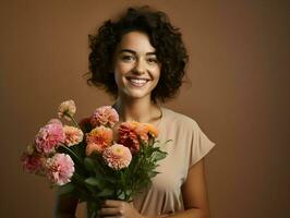 ai généré content souriant femme en portant une bouquet sur une une couleur Contexte. haute résolution. ai génératif photo