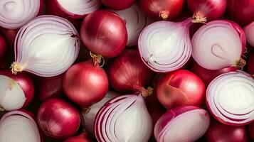 ai généré beaucoup de tranché rouge oignons autour. légume Contexte. haute résolution. ai génératif photo