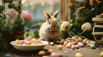 ai généré mignonne Pâques lapin dans fleurs avec coloré Caille des œufs. brillant agréable séance photo. printemps vibrations. haute qualité. ai génératif photo