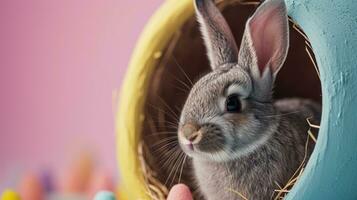 ai généré adorable Pâques lapin avec Pâques œufs, coloré Pâques œufs, bannière et fond d'écran photo