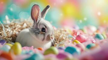 ai généré adorable Pâques lapin avec Pâques œufs, coloré Pâques œufs, bannière et fond d'écran photo