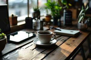 ai généré vide tablette avec une tasse de café sur bois travail bureau, doux concentrer ancien Couleur Ton photo