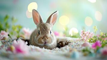 ai généré adorable Pâques lapin avec Pâques œufs, coloré Pâques œufs, bannière et fond d'écran photo