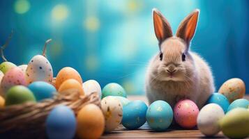 ai généré adorable Pâques lapin avec Pâques œufs, coloré Pâques œufs, bannière et fond d'écran, ai génératif photo