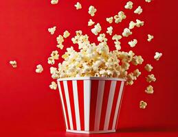 ai généré rouge blanc rayé carton seau avec savoureux Popcorn. génératif ai photo