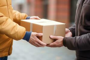 ai généré facteur livraison concept, livraison homme mains donnant papier carton paquet à un autre main, ai génératif photo