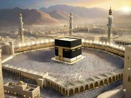 ai généré Ramadan et eid bénédictions inspirant kaaba paysage dans Mecque photo