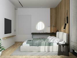 lumière moderne luxe chambre avec grande taille lit et une Vide photo Cadre sur le mur, miroir, et étagère.