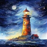 ai généré phare à côté de le mer à nuit. aquarelle pour T-shirt conception. ai généré photo