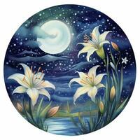 ai généré aquarelle Fée fleurs de lys épanouissement en dessous de une étoilé nuit ciel sur une blanc Contexte. ai généré photo