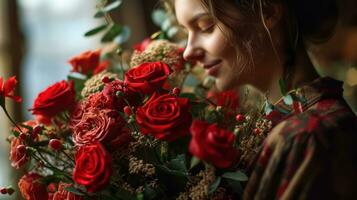 ai généré femme en portant une enveloppé bouquet de des roses sur la Saint-Valentin journée photo