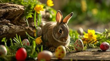 ai généré mignonne lapin avec coloré peint Pâques des œufs dans le forêt. concept de content Pâques journée. photo