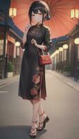 ai généré mignonne anime fille personnage portant chinois cheongsam zansae qipao mandarin robe pour visuel roman Festival Contexte photo