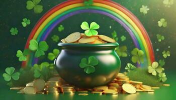 ai généré bannière avec pot de or pièces de monnaie, trèfle feuilles et arc-en-ciel. st. patrick's journée concept. photo