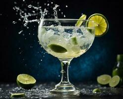 ai généré Mojito cocktail avec citron vert et la glace sur une foncé bleu Contexte photo