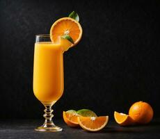 ai généré une verre de Orange jus avec Frais des fruits sur une noir arrière-plan, fermer photo