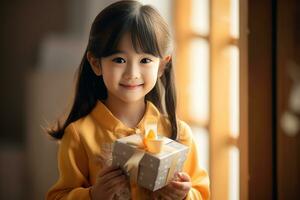 ai généré mignonne asiatique peu fille en portant cadeau boîte dans vivant pièce photo