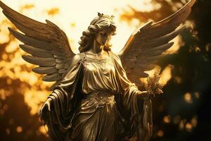 ai généré d'or ange statue dans une cimetière dans une ensoleillé journée photo