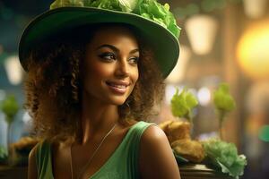 ai généré st. patrick's journée. portrait de une magnifique Jeune femme portant une lutin chapeau. photo