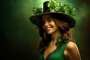 ai généré st. patrick's journée. portrait de une magnifique Jeune femme portant une lutin chapeau. photo