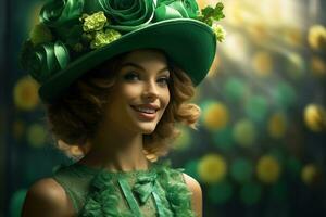 ai généré st. patrick's journée. portrait de une magnifique Jeune femme portant une lutin chapeau. photo