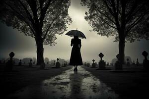 ai généré magnifique Jeune femme avec parapluie dans le cimetière photo
