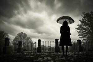 ai généré magnifique Jeune femme avec parapluie dans le cimetière photo