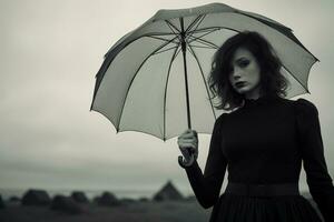 ai généré magnifique Jeune femme avec parapluie dans le cimetière photo