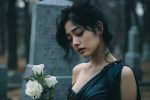 ai généré magnifique Jeune femme dans le vieux cimetière. photo