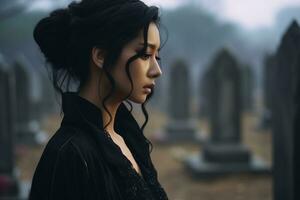 ai généré magnifique Jeune femme dans le vieux cimetière. photo