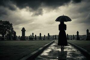 ai généré magnifique Jeune femme avec parapluie dans le cimetière photo