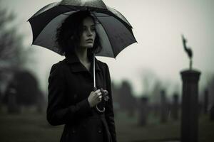 ai généré magnifique Jeune femme avec parapluie dans le cimetière photo