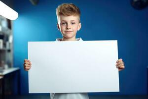 ai généré peu garçon en portant une Vide blanc feuille de papier photo