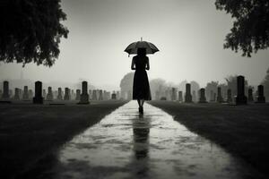 ai généré magnifique Jeune femme avec parapluie dans le cimetière photo