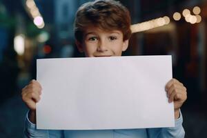 ai généré peu garçon en portant une Vide blanc feuille de papier photo