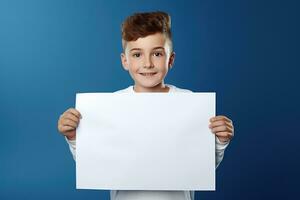 ai généré peu garçon en portant une Vide blanc feuille de papier photo