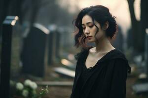 ai généré magnifique Jeune femme dans le vieux cimetière. photo